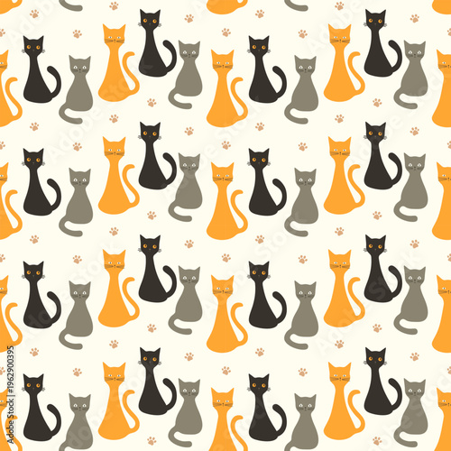 Seamless pattern with colorful stylized cats and paw prints on a light background