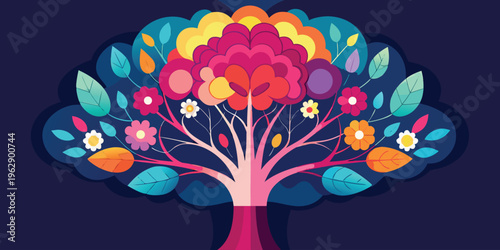A vibrant tree with colorful flowers blooming amidst a bright and lively artistic design symbolizing growth and nature’s beauty