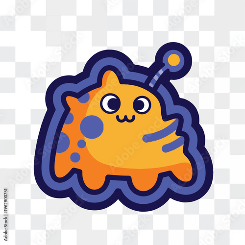 A cute, yellow alien character with antenna, spots, and a goofy smile