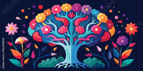 Vibrant tree adorned with colorful flowers blooming against a starry night sky background
