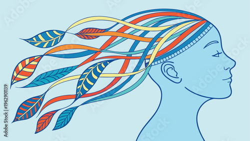 Colorful abstract brain with vibrant ribbons flowing from head symbolizing creativity and thought processes