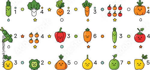 Cute vegetable characters rating scale flat vector illustration funny cartoon produce icons with stars numbers and colorful food mascots