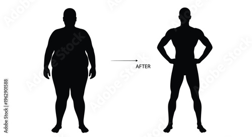 Conceptual illustration depicting significant male body transformation from overweight to healthy muscular physique after fitness