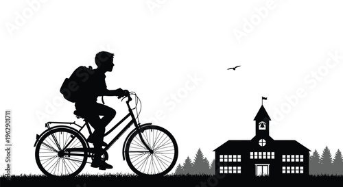 Silhouette of a student riding a bicycle towards a classic school building at dawn