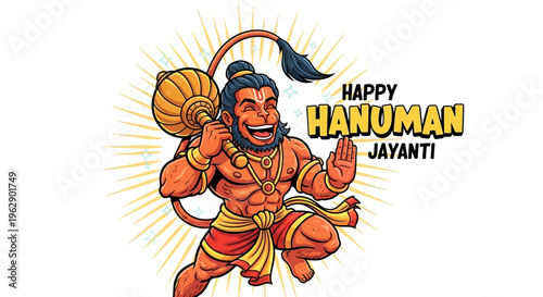 Illustration of Lord Hanuman in a dynamic pose with a joyful expression, celebrating Happy Hanuman Jayanti with vibrant colors and traditional Indian design elements.