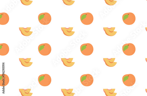 Foto Seamless peach pattern with slices and whole fruits in minimal flat style