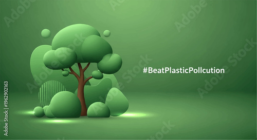 Green tree with plastic pollution environmental concept illustration