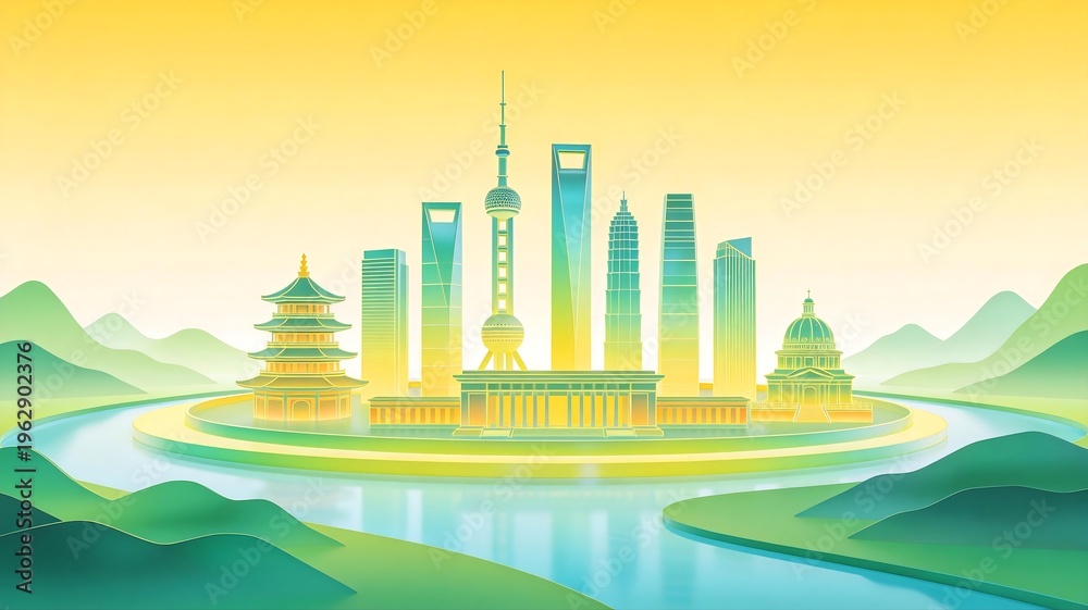Obraz premium Shanghai Skyline Illustration with Historic and Modern Architecture