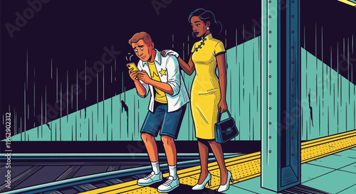 Concerned man looking at smartphone while woman comforts him at subway