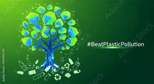 Vibrant tree with blue and green leaves on textured green background with plastic pollution symbols