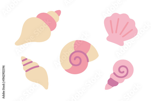 Collection of cute pink seashells, clam and snail shell icons, pastel flat vector illustration isolated on white background