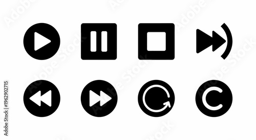 Media Player Control Buttons and Essential Interface Icons in a Black and White Vector Set
