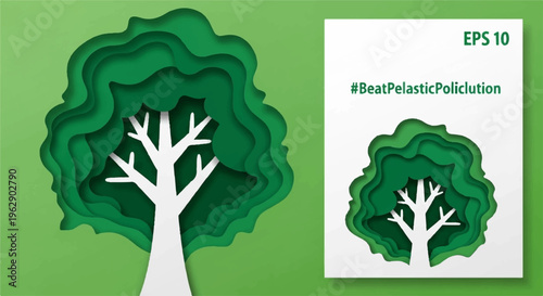 Green tree symbol with white branches on eco friendly background representing environmental conservation and sustainability