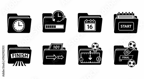 Folder Icons Vector Set Representing Project Timeline Progress Events Start and Finish Dates with Sport Elements
