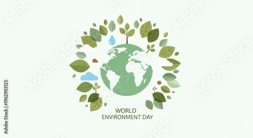 Earth surrounded by leaves and water droplets on world environment day