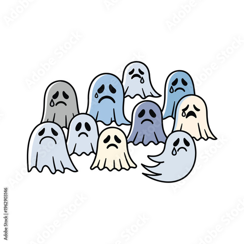 A group of sad ghostly figures with frowns and tears expressing sorrow and melancholy together