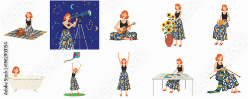 Illustration Set of Ginger Haired Woman Enjoying Various Hobbies and Activities