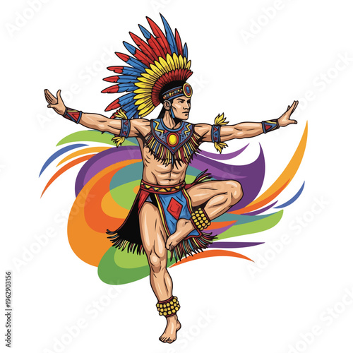 A man dances in traditional attire with a colorful headdress
