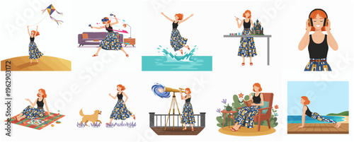 Flat Design Diverse Activity of Young Woman Recreation and Leisure Illustration