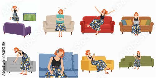 Flat Illustration Young Woman Relaxing and Doing Activities on Sofa Collection