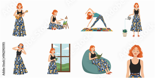 Flat Character Illustration Set Woman with Ukulele Painting Yoga Relaxing Activity