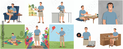 Flat Illustration Set of Man Enjoying Various Leisure Time Activities