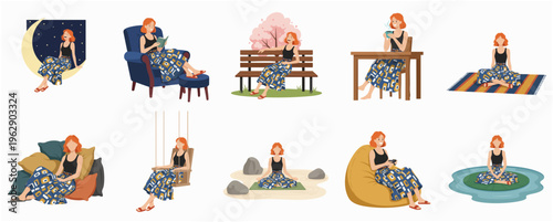 Flat Style Illustration of a Woman Relaxing in Different Cozy Place