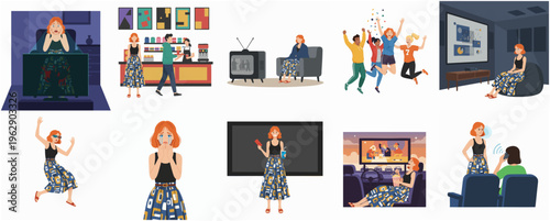 Collection of Various Scenes of Woman Watching Television and Computer Screen Illustration