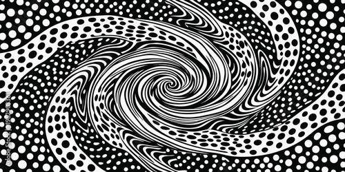 Intricate swirling pattern of black dots creating a hypnotic, mesmerizing spiral design with depth and symmetry