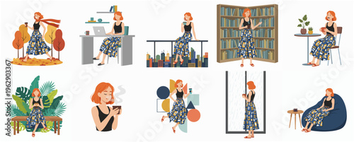 Flat Illustration Set of Woman in Various Scenes Doing Daily Activities