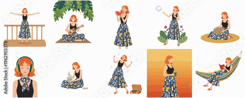 Flat Illustration Set of Ginger Hair Woman Enjoying Summer Activities