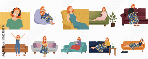Flat Illustration Various Poses of Woman Relaxing on the Sofa Set