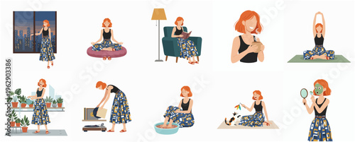 Simple Detailed Woman Daily Routine Activity Illustration Set In Isolated White