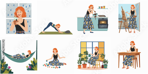 Colorful Flat Style Woman Activities At Home Illustration Collection