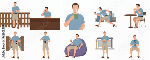 Flat Man Enjoying Coffee and Doing Activities in Various Lifestyle Situations