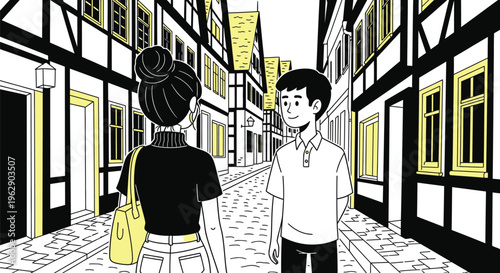 Young couple standing on a cobblestone street in a medieval town