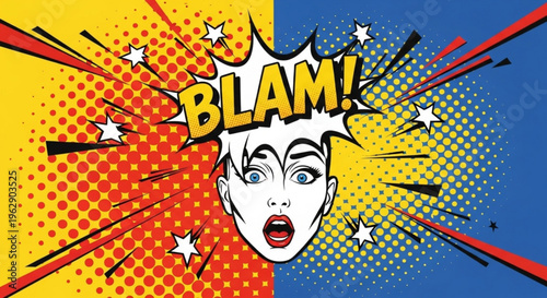 Comic book style illustration of a shocked woman's face with a blam speech bubble on colorful background