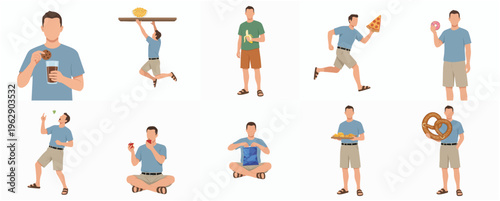 Flat Illustration Set of Diverse Man Poses with Different Types of Food