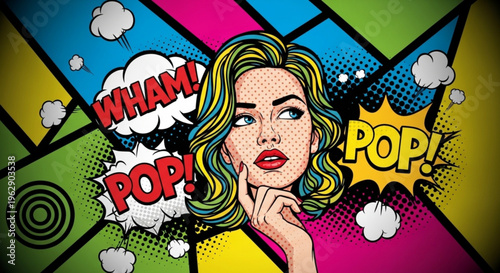 Comic book style woman with colorful hair and pop art speech bubbles expressing surprise