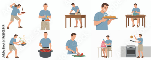 Flat Illustration Set of Man Doing Various Cooking Activity Occupation