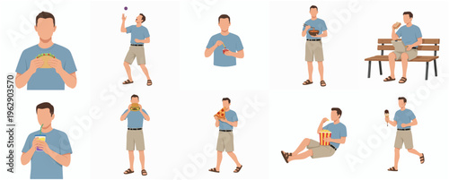 Flat Vector Illustration Set of Man Eating Food and Recreation Character