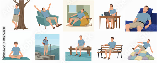 Flat Character Activity Set Illustration Depicting Man in Various Poses
