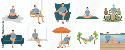 Flat Design Man Relaxing Doing Outdoor Activities and Indoor at Home