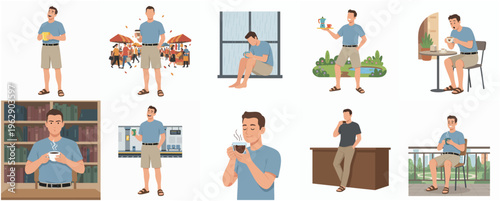 Flat Style Depiction Man in Different Scenarios Lifestyle Illustration