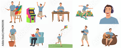Flat Design Man Characters Enjoying Various Hobbies and Recreational Activities Illustration