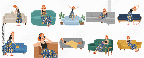 Modern Flat Illustration of Woman Relaxing and Doing Activities on Sofa
