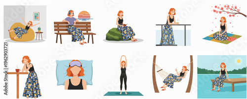Flat Illustration Set of Woman Relaxing at Home and Outdoor Lifestyle