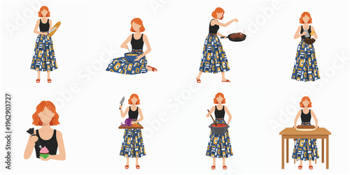 Flat Illustration Young Woman Cooking and Preparing Food at Home Set
