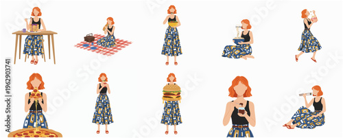 Flat Style Isolated Woman Doing Various Food Related Activities Illustration Set