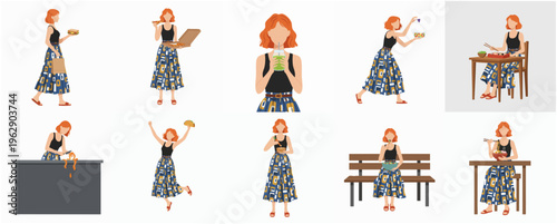 Flat Illustration Woman with Pizza and Food in Daily Life Activity